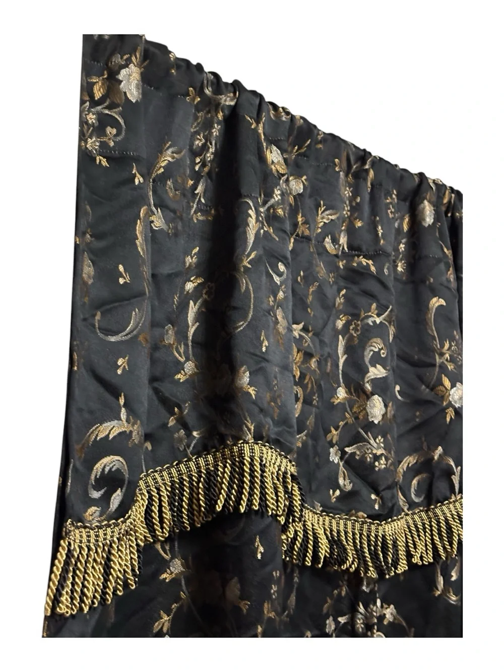 All In One Curtain Set Floral Jacquard 2 Curtains Attached Valance Black Gold